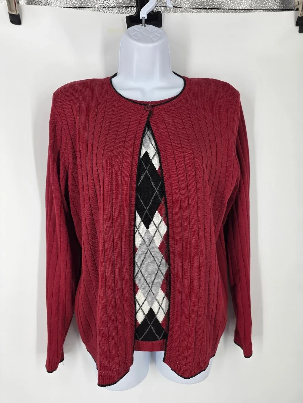 Vintage Alfred Dunner Red Argyle Knit 2-Piece Cardigan Shell Sweater Set Small